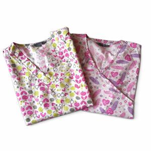 Wear For Care Women's Sz L Scrub Top SET OF 2 V-Neck Nurse Pink Purple Hearts